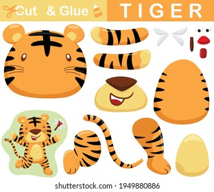 Cute tiger run chase dragonfly. Education paper game for children. Cutout and gluing. Vector cartoon illustration