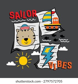 Cute tiger in sailor hat with small ship sun cloud and sailor vibes text on paper scrolls. Marine concept