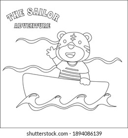 Cute tiger sailor on the boat with cartoon style. Creative vector Childish design for kids activity colouring book or page.