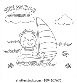 Cute tiger sailor on the boat with cartoon style. Creative vector Childish design for kids activity colouring book or page.