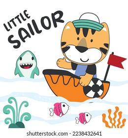 Cute tiger sailor on the boat. Can be used for t-shirt print, kids wear fashion design, baby shower invitation card. fabric, textile, nursery wallpaper, poster.