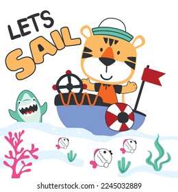 Cute tiger sailor on the boat. Can be used for t-shirt print, kids wear fashion design, baby shower invitation card. fabric, textile, nursery wallpaper, poster.