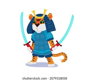 Cute tiger samurai in blue armor with swords. Cartoon defender of the new year. Traditional holiday symbol. Vector illustration.