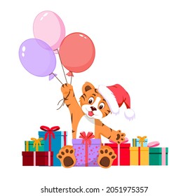 A cute tiger in a Santa Claus hat holds a gift and colorful balloons in its paws. Present. Isolated on a white background. Flat style. Rogo, new year. 2022. Vector illustration.