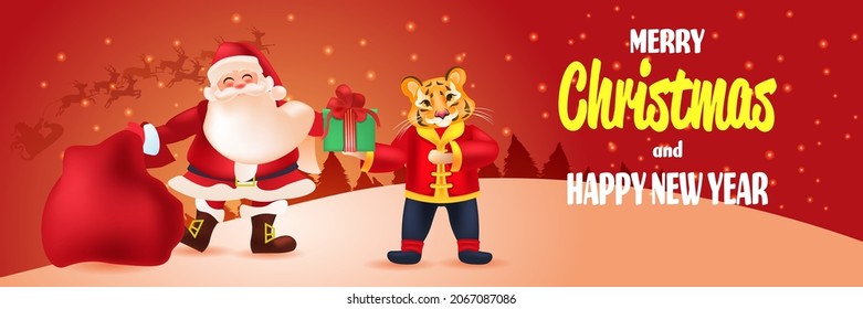 cute tiger with santa claus standing together 2022 happy new year merry christmas holidays celebration lettering greeting card