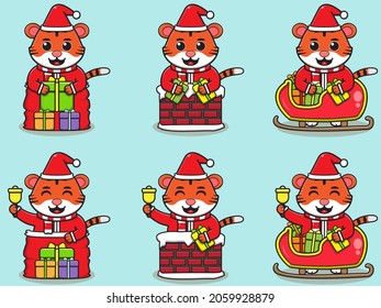 Cute Tiger Santa Claus vector illustration. Vector illustration isolated on light blue background. Good for icon, label, sticker, clipart.