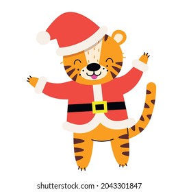Cute tiger in a santa costume. Christmas tiger. Vector illustration.