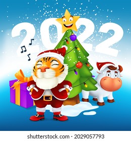 A cute tiger in Santa costume stands near a Christmas tree, bull, gift and the inscription 2022. Vector illustration of the symbol of the year to the Chinese zodiac calendar. New Year Greeting Card