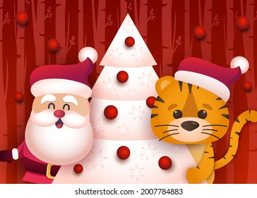 Cute tiger and santa decorate the Christmas tree.Congratulatory banner with chinese new year 2022 year of the little tiger.