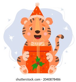 Cute tiger in Santa hat with big Christmas present and New Years mistletoe. Vector illustration. 2022 is year of Tiger according to Eastern calendar. Character for greeting cards, decor and print