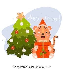 Cute tiger in Santa hat with big gift box and Christmas tree with Christmas balls. Vector illustration. Beautiful new year animal symbol of 2022 for holiday decor and cards, prints and posters.