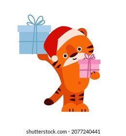 Cute tiger in santa hat with gift boxes. Vector illustration in cartoon style. Isolated on white background.