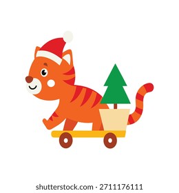A cute tiger with a Santa hat pushes a mini Christmas cart, spreading holiday excitement and festive cheer all around.