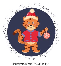 Cute tiger in santa hat and a shirt is holding christmas ball. Christmas or New Year vector card. 