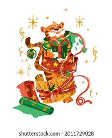 Cute tiger in Santa hat wraps gifts for friends. Cristmas illustration.  Vector.