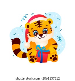 Cute tiger Santa opens gift character symbol Happy New Year funny illustration isolated on white background. Vector art