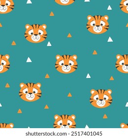 Cute tiger seamless pattern. Cartoon animals background. Vector baby print