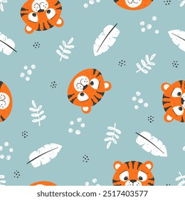 Tigre bonito padrão sem emenda. Fundo dos animais de desenho animado. Ilustração infantil vetorial