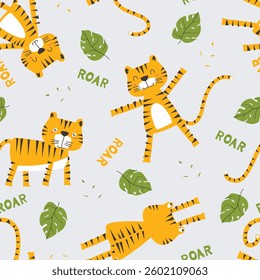 Cute Tiger Seamless pattern childish and playful cartoon animals and leaves vector illustration  for wrapping paper, t-shirt, printing, packaging, fabric, clothing and others 