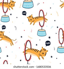 Cute Tiger Seamless Pattern Hand Drawing Illustration Vector.