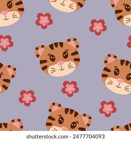 Cute tiger seamless pattern with sakura flower, kawaii animal head. Kids design element, background. Vector isolated on white