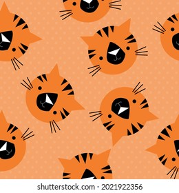 Cute tiger seamless pattern vector illustration on orange background 