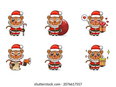 cute tiger set, animal character bundles in santa costumes, animals wearing christmas costumes. cartoon in kawaii style, chibi mascot. very suitable for Christmas content. for adult or child