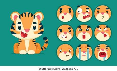 Cute tiger, set of animal emotions, tiny tiger with emoji collocation, sleeping, crying, sad, Bored, happy, excited, lovable, surprised, careless, confident, terrifled, stunned, Flat Vector avatar