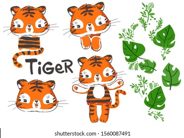 Cute Tiger set of beautiful tropical illustrations. Vector stock. Tropical leaves. Elements for design, children's drawing.