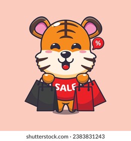 cute tiger with shopping bag in black friday sale cartoon vector illustration