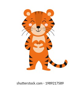 A cute tiger shows his heart with his paws. Love concept. Valentine's Day. Symfol of the year 2022. Flat vector illustration. February, winter. Year of the tiger.