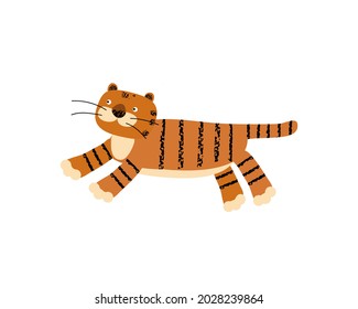 Cute tiger in simple hand drawn style. Tiger isolated on a white background. Print for t-shirt. Vector illustration for children.
