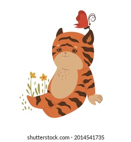 Cute tiger sits in a meadow isolated on a white background. Vector graphics.