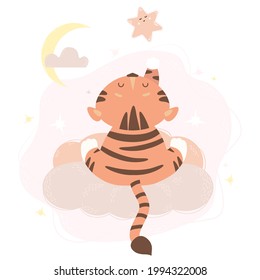 cute tiger sits on a cloud with his back. Reaches a paw to the star. Vector illustration. Scandinavian style animal concept kids collection, for design, decor, prints and posters and cards