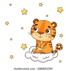 A cute tiger sits on a cloud, around the sky and stars. Dreamy character. Postcard in cartoon kawaii style. Vector for design, banners, children's books and patterns