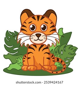 Cute tiger sitting. Cartoon flat vector illustration, isolated on a white background. Children's illustration.