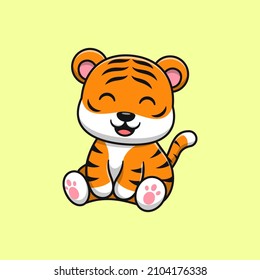 Cute tiger is sitting cartoon vector icon illustration. Flat cartoon style.