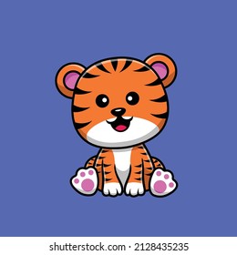 Cute Tiger Sitting Cartoon Vector Icon Illustration. Animal Icon Concept Isolated Premium Vector. Flat Cartoon Style