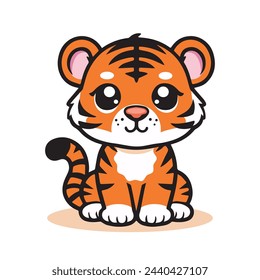 Cute Tiger Sitting Cartoon Vector Icon Illustration. Animal Nature Icon Concept Isolated Premium Vector. Flat Cartoon Style.