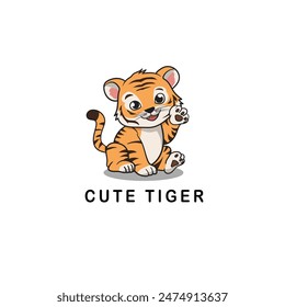 Lindo tigre sentado aislado sobre fondo blanco, pegatina de animales salvajes de Vector