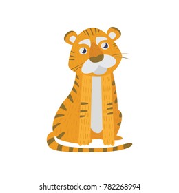 Cute tiger sitting isolated on white. Wild orange animal with black stripes. Zoo and wildlife concept. Flat vector design for children education card, sticker or poster