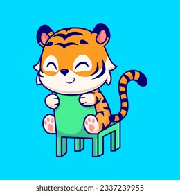 Cute Tiger Sitting on Chair Cartoon Vector Icon Illustration. Animal Nature Icon Concept Isolated Premium Vector. Flat Cartoon Style