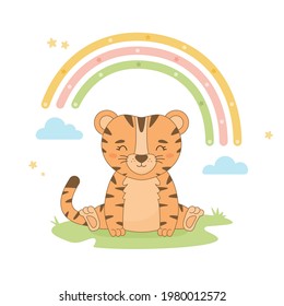 Cute tiger sitting on grass under rainbow. Hand drawn baby poster with cartoon character animal. Decoration for nursery or card for children. Vector flat illustration