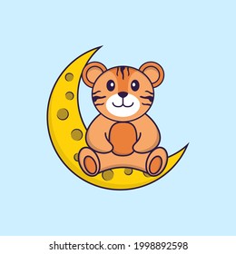 Cute tiger is sitting on the moon. Animal cartoon concept isolated. Can used for t-shirt, greeting card, invitation card or mascot.