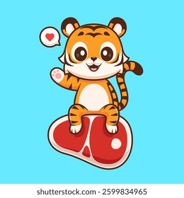 Cute Tiger Sitting On Steak Meat Cartoon Vector Icon Illustration. Animal Food Icon Concept Isolated Premium Vector. Flat Cartoon Style