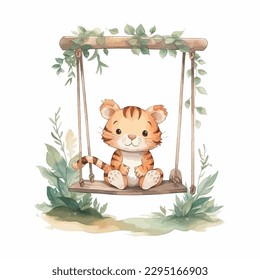 A cute tiger sitting on a swing, cartoon watercolor white background