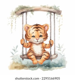 A cute tiger sitting on a swing, cartoon watercolor white background