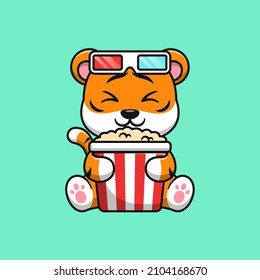 Cute tiger sitting with popcorn cartoon vector icon illustration. Flat cartoon style.