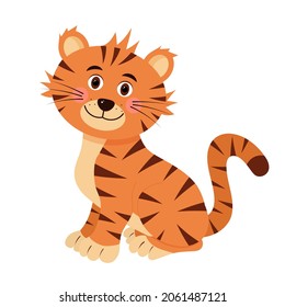 Cute tiger is sitting and smiling.  Cartoon vector illustration.