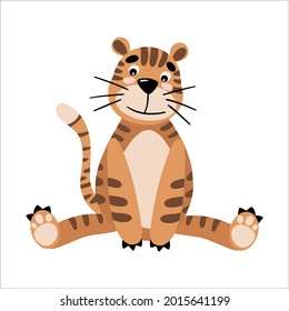 Cute tiger sitting and smiling flat vector illustration in color on white background for new year calendar 2022, t-shirt print, card invitation, nursery poster. Flat vector illustration